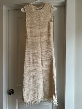 Callahan Cream Sleeveless Midi Dress with Fringe Trim